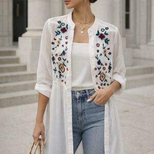 White Embroidered Sheer Long Blouse / Tunic